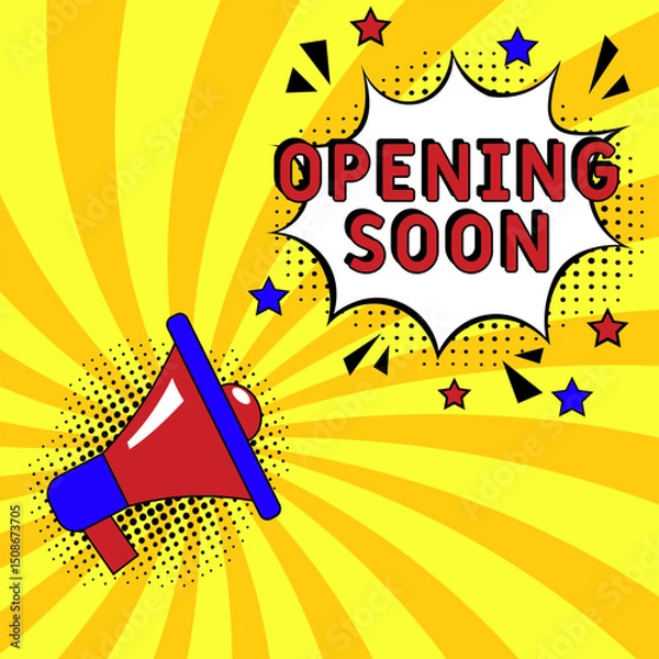 Fototapeta Opening Soon. Comic book explosion with text Opening Soon. Banner for business, marketing and advertising. Social Media banner. Vector bright cartoon illustration in retro pop art style. Creative post