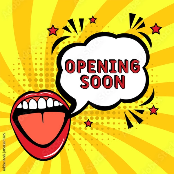 Obraz Opening Soon. Comic book explosion with text Opening Soon. Banner for business, marketing and advertising. Social Media banner. Vector bright cartoon illustration in retro pop art style. Creative post