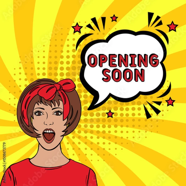 Obraz Opening Soon. Comic book explosion with text Opening Soon. Banner for business, marketing and advertising. Social Media banner. Vector bright cartoon illustration in retro pop art style. Creative post