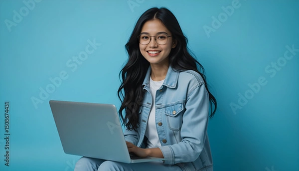 Fototapeta Young Woman Using Laptop on Light Blue Background with Copy Space.  Generative AI