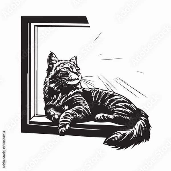 Fototapeta Fluffy Black Cat Resting on Window Sill Image vector isolated on white background