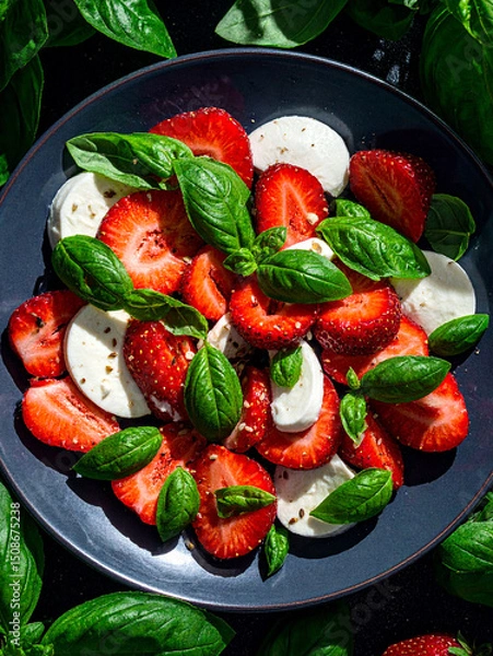 Obraz A salad of fresh strawberries and mozzarella garnished with basil leaves on a plate. A casual spring interpretation of a caprese salad.