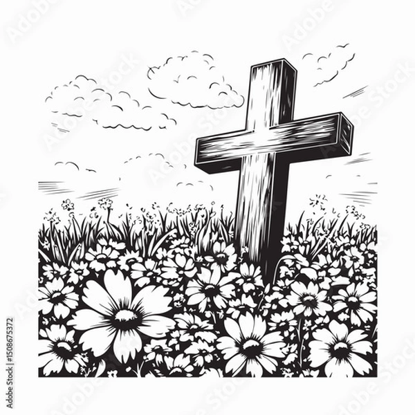 Fototapeta Cross Amidst Field Flowers Image vector isolated on white background