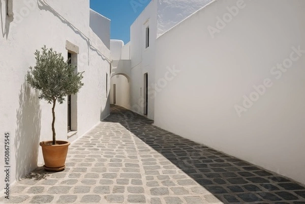 Fototapeta Serene mediterranean cobblestone alley with olive tree in a sunny whitewashed village