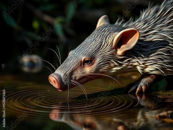 Obraz Detailed Close Up Bristle Mouse Drinking Water Causing Ripples Illustration