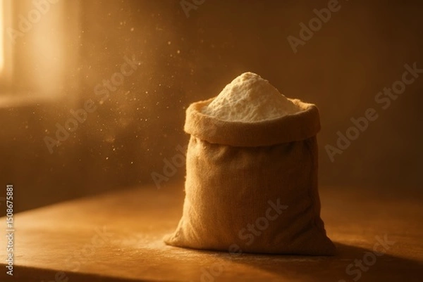 Fototapeta Sunlit flour sack in warm rustic setting for culinary and baking themes