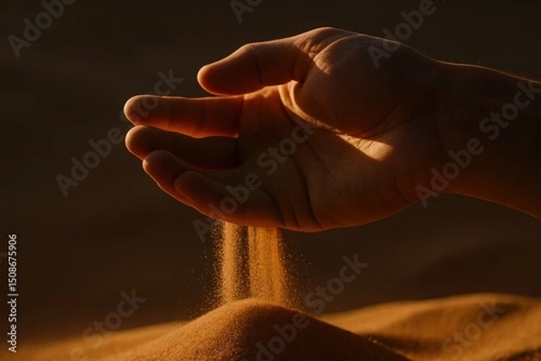 Fototapeta Golden sand flowing through hand in warm desert light