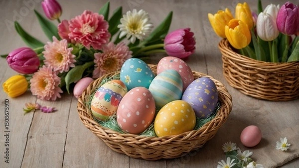 Fototapeta Easter Basket with Colorful Eggs and Spring Flowers on Yellow Background

