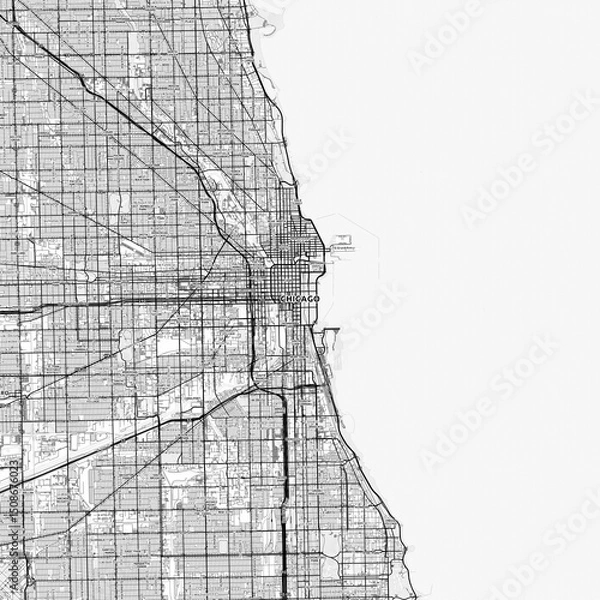 Fototapeta Chicago Area Map with Labels and Neighborhoods - One color, minimalistic design