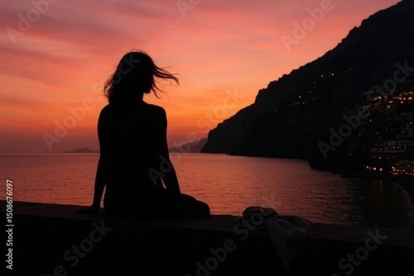 Fototapeta Tranquil sunset with silhouette in serene coastal scene