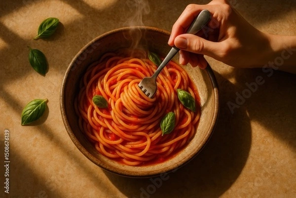 Fototapeta Spaghetti delight: simple and elegant pasta composition with fresh basil