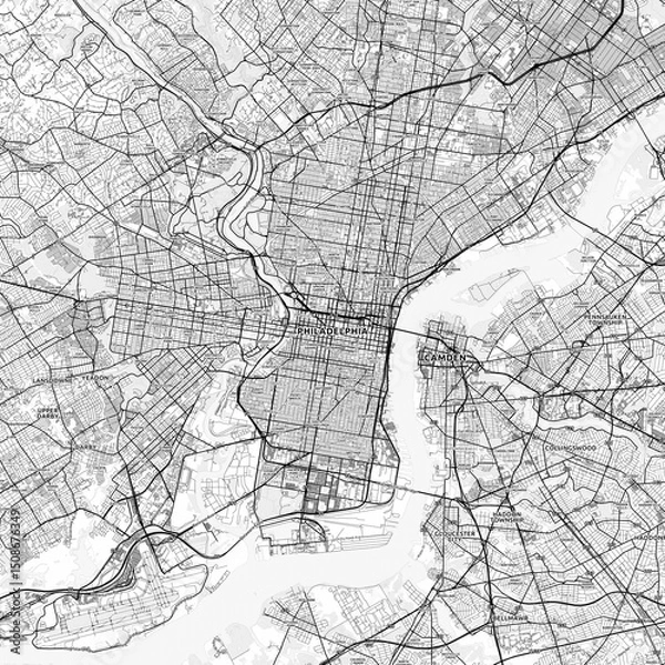 Fototapeta Philadelphia Area Map with Labels and Neighborhoods - One color, minimalistic design