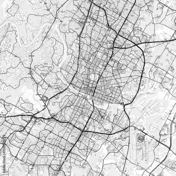 Fototapeta Austin Area Map with Labels and Neighborhoods - One color, minimalistic design
