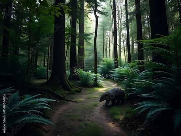 Obraz Serene Dark Forest with Light Glimmering Through Trees and Walking Animal