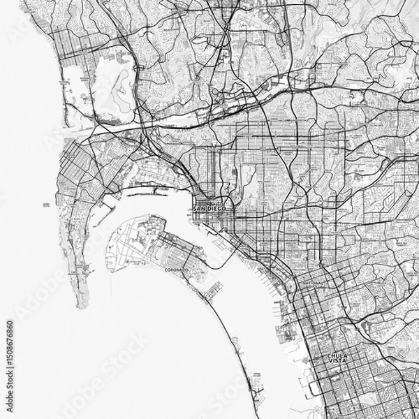 Fototapeta San Diego Area Map with Labels and Neighborhoods - One color, minimalistic design