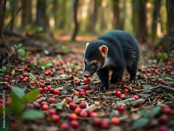Obraz Realistic Style Honey Badger Foraging with Red Berries in Autumn Forest