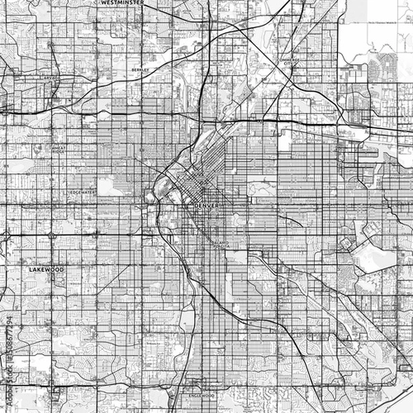 Fototapeta Denver Area Map with Labels and Neighborhoods - One color, minimalistic design
