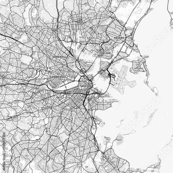 Obraz Boston Area Map with Labels and Neighborhoods - One color, minimalistic design