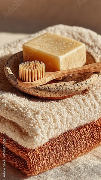 Obraz A natural soap, brush, and towels, create a serene spa setting with warm and inviting tones.