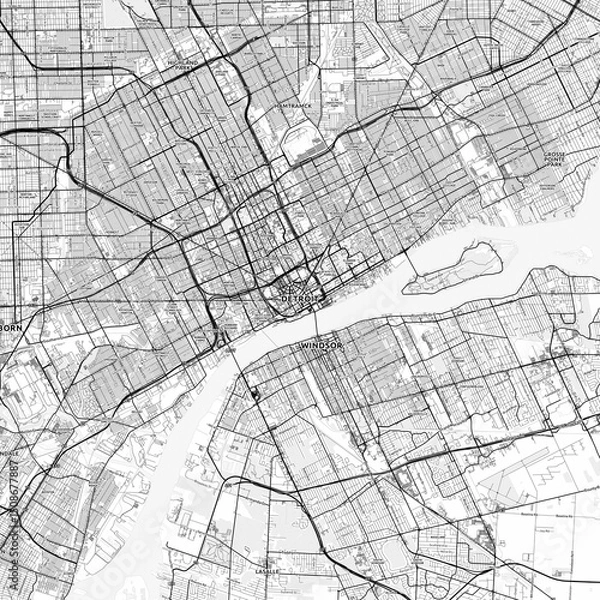 Fototapeta Detroit Area Map with Labels and Neighborhoods - One color, minimalistic design