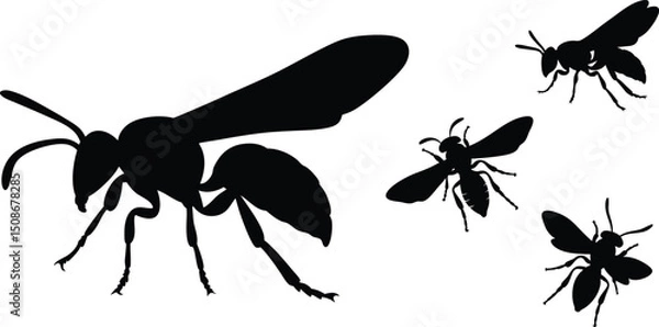 Obraz Set of wasp Silhouette, Striking Vector Art, Free Clipart & Stinger Designs, Clipart, Tattoo, Logo, Icon & Insect art Design, Wasp isolated on white background, eps10.