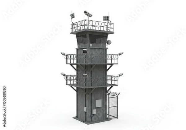 Obraz Gray security tower with multiple levels and surveillance cameras