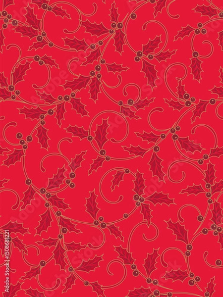 Obraz Seamless Christmas Holly Leaves With Swirls On Red Background For Gift Wrap And Fabric Print