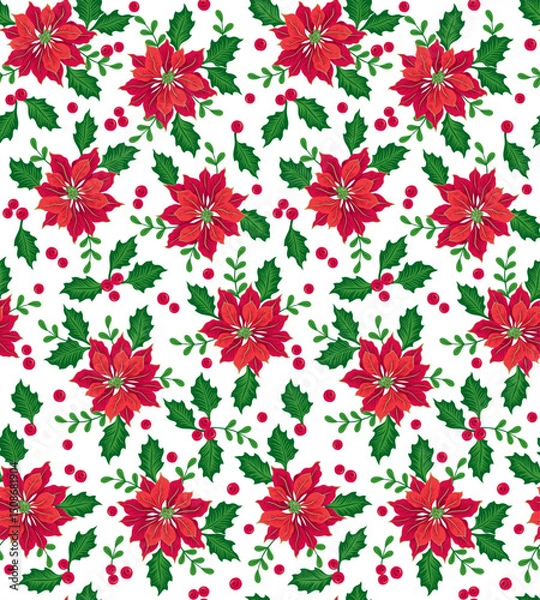 Obraz Seamless Christmas Poinsettia With Holly Leaves For Gift Wrap And Fabric Pattern On White Background