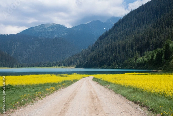 Fototapeta A dirt road leads through yellow flower fields to a turquoise lake, surrounded by dense forest and dramatic mountains in the background.