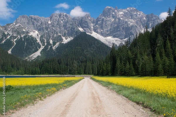 Fototapeta A dirt road runs through bright yellow flower fields toward forested mountains with rocky peaks under a partly cloudy sky.