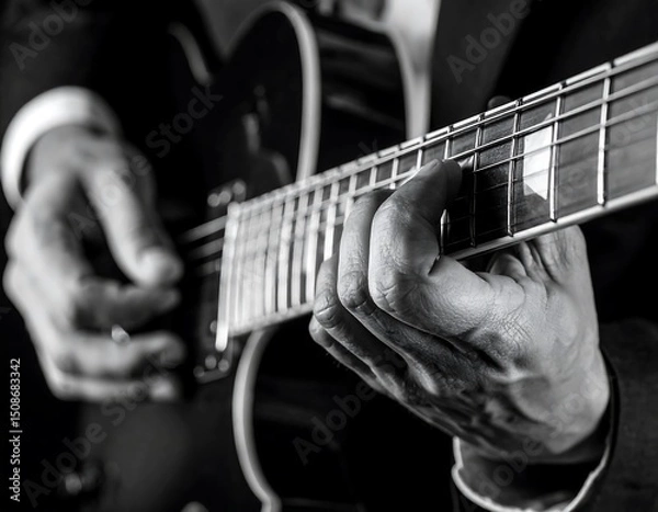 Obraz Close-up monochrome shot of hands playing an electric guitar