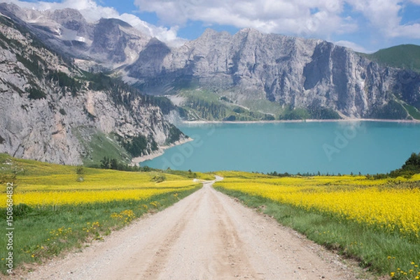 Fototapeta A dirt road leads through yellow flower fields to a turquoise lake, surrounded by dense forest and dramatic mountains in the background.