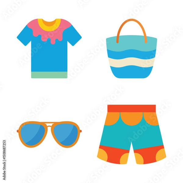 Obraz Summer Collection Set Vector Illustration. Beachwear, Sunglasses, Tote Bag, and Shorts.
