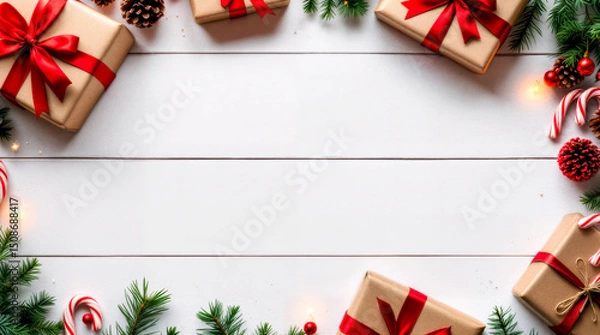 Fototapeta Wrapped presents, pine branches, candy canes, and lights frame a blank center space for festive seasonal messages. Christmas background.