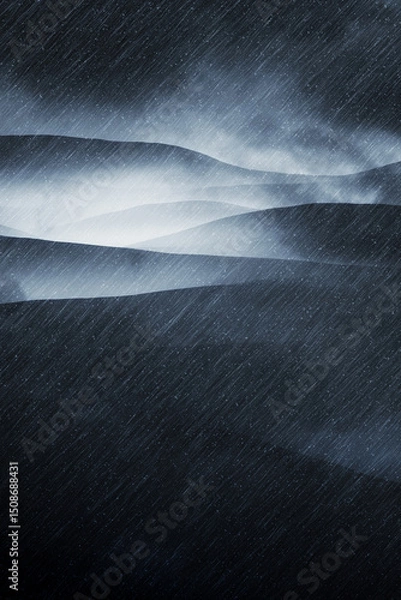 Fototapeta landscape with rain and hills in fog, dark 3d illustration