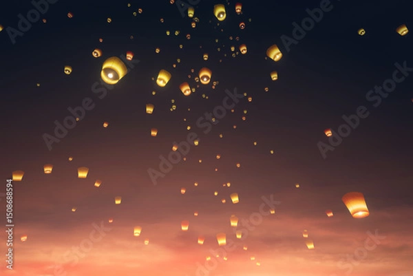 Fototapeta sky lanterns in sunset light flying in the sky, 3d illustration