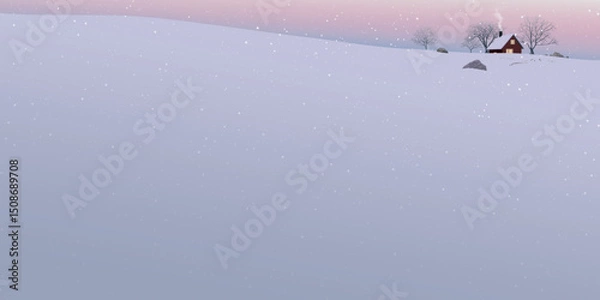 Obraz Snowfall in minimalist snowscape with silhouette lonely country house and leafless trees on the hill covered by snow have dramatic sky behind graphic illustration.