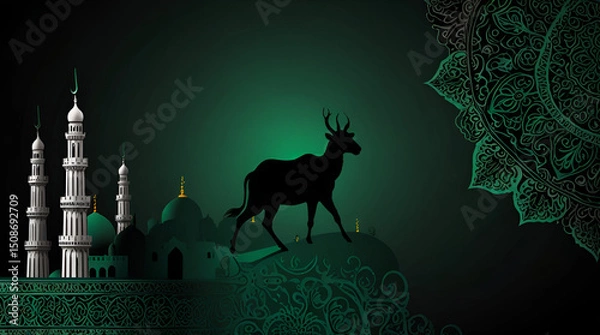 Fototapeta eid ui adha written form with green and black background,generative.ai