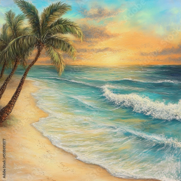 Fototapeta Stunning painting of palm trees on a sandy beach with ocean waves and a sunset
