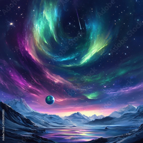 Fototapeta Stunning cosmic landscape featuring aurora borealis and distant planet across a dreamy horizon