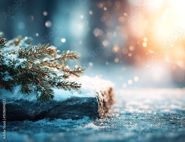 Obraz Winter Scene Snowy Branches On Stone