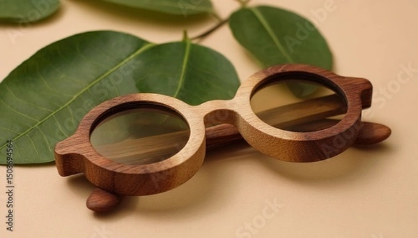 Obraz Wooden Round Sunglasses On Beige Background With Green Leaves
