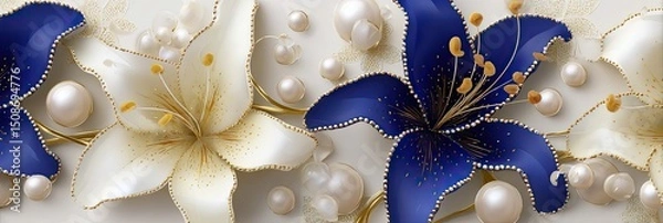 Obraz Elegant Floral Pattern With Blue And White Lilies And Pearls