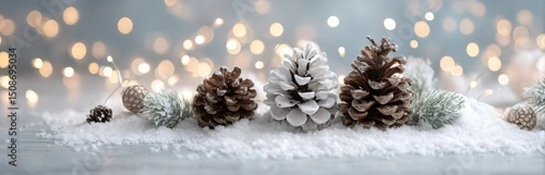 Obraz Festive Pine Cones Decorated With Snow On Snow