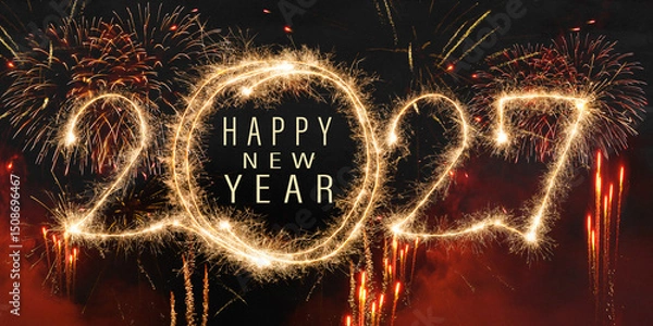 Obraz happy new year, new year's eve, silvester, new year, celebration greeting card, new year card - Year 2027 sparkler font text and firework fireworks pyrotechnic, isolated on black night sky background