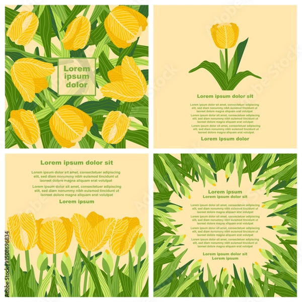 Obraz A botanical graphic template featuring rectangular illustrations of various colorful tulips with green leaves and lorem ipsum text patterns. Perfect for creating postcards, invitations, and brochures