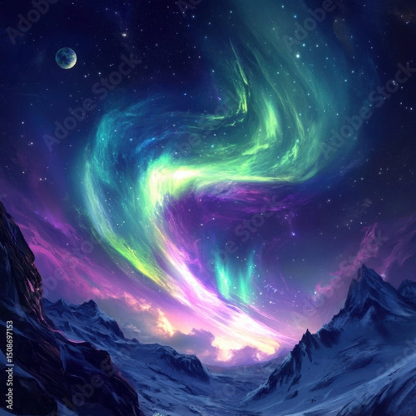 Fototapeta Breathtaking aurora borealis display over snow capped mountains and starry night sky