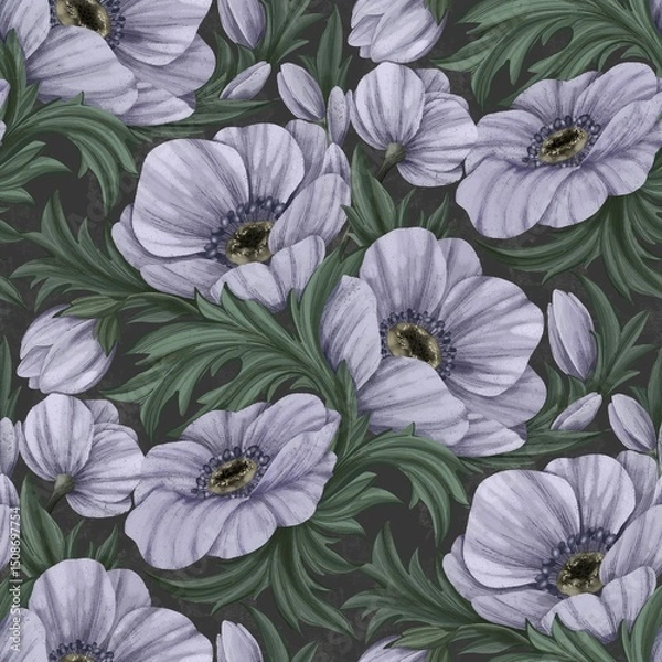 Fototapeta Seamless pattern with delicate lavender and grey anemones on a dark background. Elegant botanical print, perfect for fabric, wallpaper, digital paper, scrapbooking, or home decor
