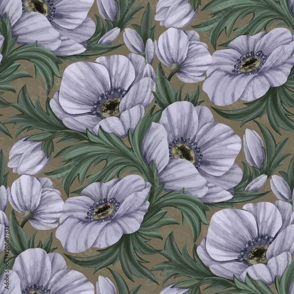 Fototapeta Seamless pattern with delicate lavender and grey anemones on a dark background. Elegant botanical print, perfect for fabric, wallpaper, digital paper, scrapbooking, or home decor