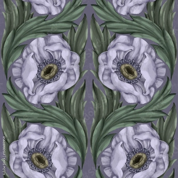 Fototapeta Seamless pattern with delicate lavender and grey anemones on a dark background. Elegant botanical print, perfect for fabric, wallpaper, digital paper, scrapbooking, or home decor